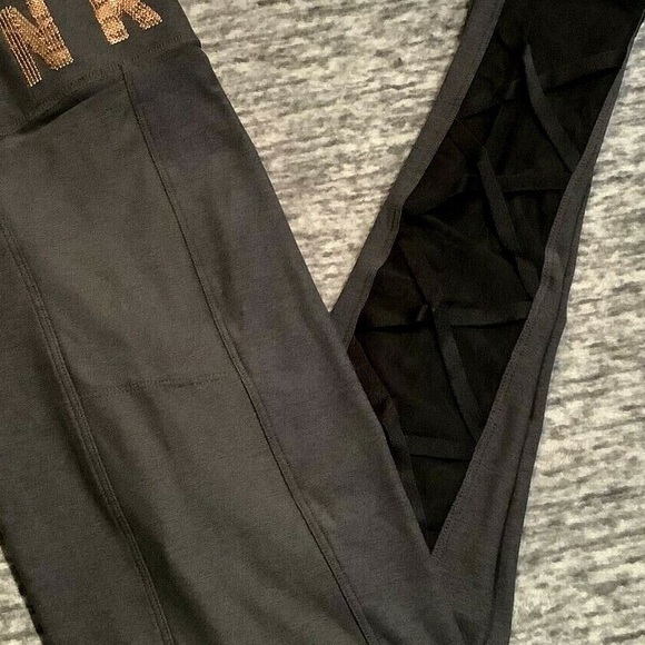 Victoria's Secret Pink Bling Super Soft Strappy Leggings Gray Gold Logo XS GUC! - Picture 9 of 9